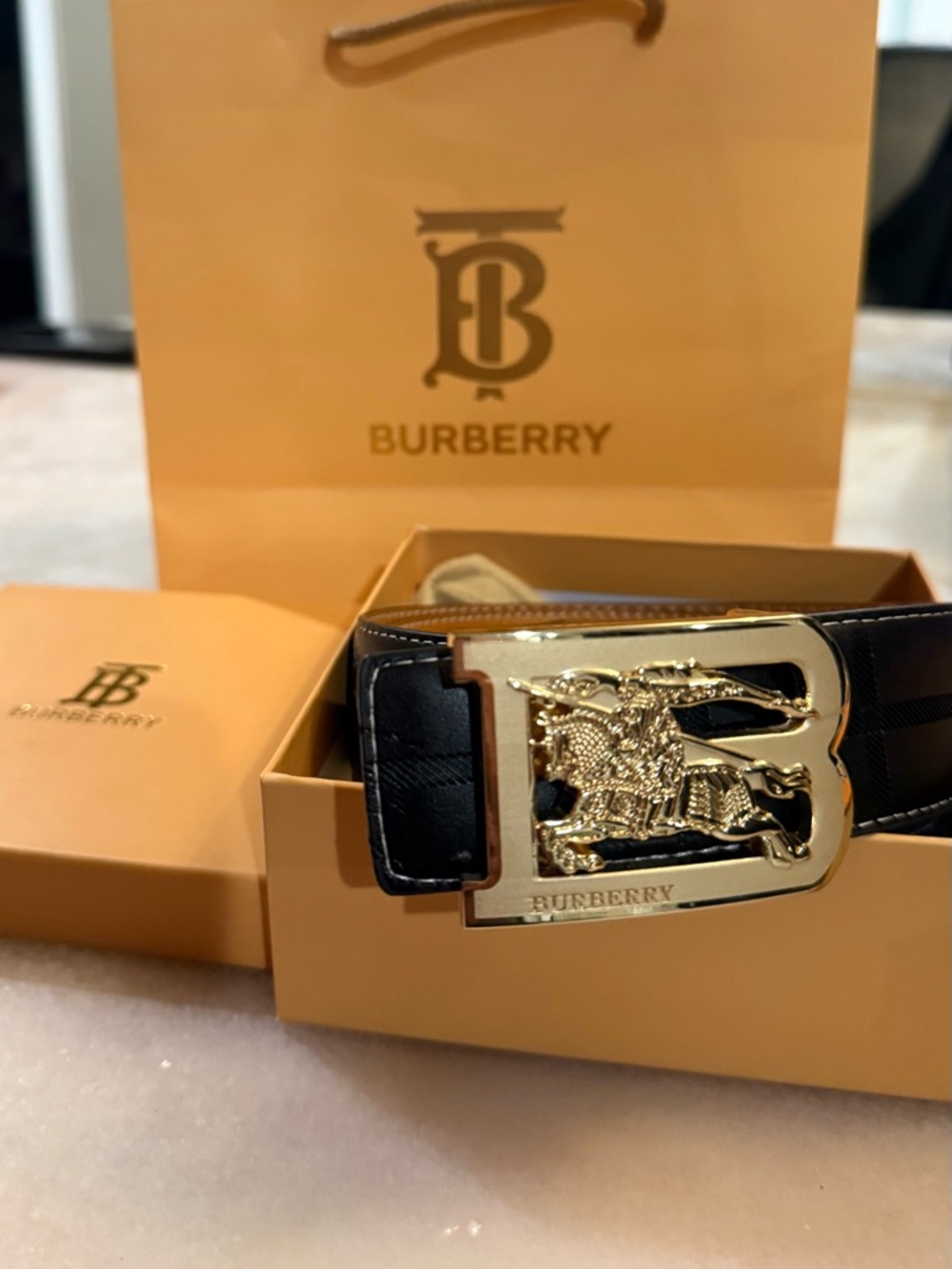 Burberry Black Leather Belt with Gold 'B' Equestrian Buckle